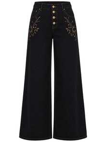 Zerodot Women Black Floral Embroidered Denim Wide-Leg Baggy Jeans Casual Daily Fall Pre Fall - Black - View 5