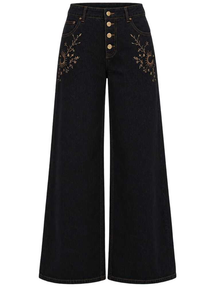 Zerodot Celana Jeans Wanita Hitam Motif Bunga Bordir Denim Lebar Longgar Kasual Sehari-hari Musim Gugur Pra-Musim Gugur - Hitam - View 5