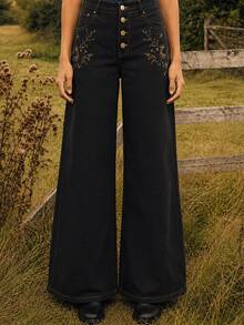 Zerodot Women Black Floral Embroidered Denim Wide-Leg Baggy Jeans Casual Daily Fall Pre Fall - Black - View 1