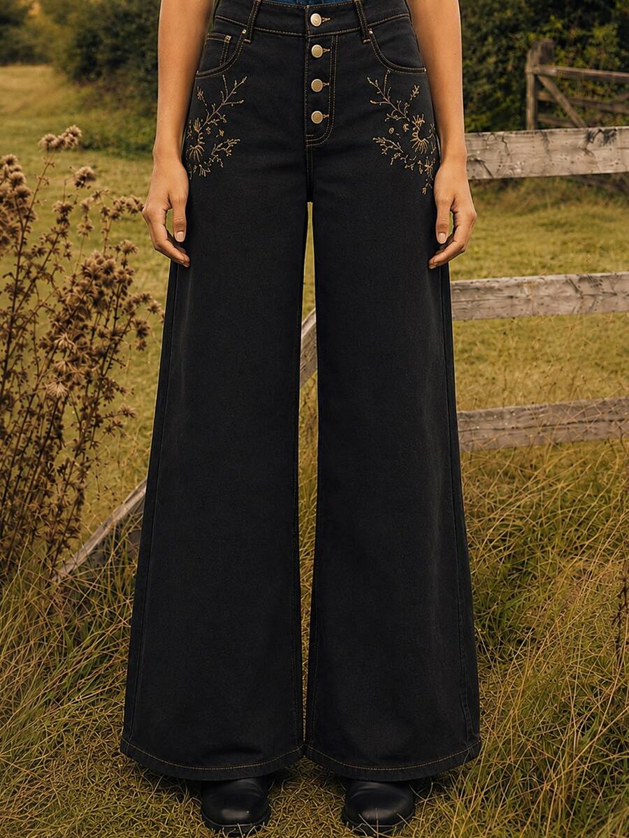 Zerodot Women Black Floral Embroidered Denim Wide-Leg Baggy Jeans Casual Daily Fall Pre Fall - Black - View 1