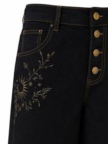 Zerodot Women Black Floral Embroidered Denim Wide-Leg Baggy Jeans Casual Daily Fall Pre Fall - Black - View 6