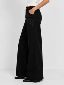 Zerodot Women Black Floral Embroidered Denim Wide-Leg Baggy Jeans Casual Daily Fall Pre Fall - Black - View 4