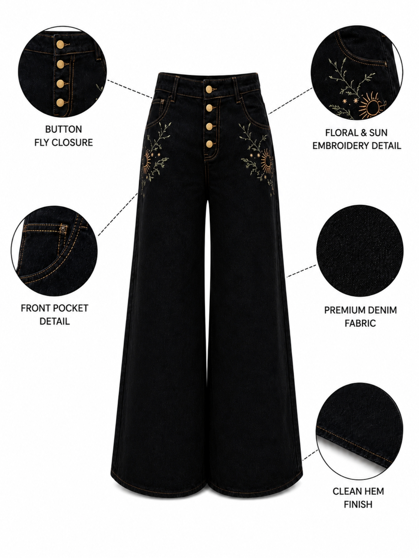 Black Floral Embroidered Denim Wide-Leg Baggy Jeans, view 8