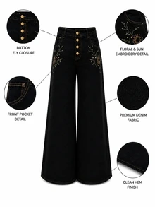 Zerodot Women Black Floral Embroidered Denim Wide-Leg Baggy Jeans Casual Daily Fall Pre Fall - Black - View 8