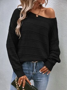 EMERY ROSE Solid Color Pullover Sweater, Long Sleeve, Minimalist Fashion, Casual For Everyday Wear Knit Pullover Fall Winter Sweater - Black - View 5