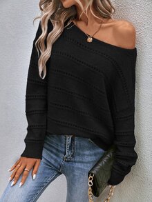 EMERY ROSE Solid Color Pullover Sweater, Long Sleeve, Minimalist Fashion, Casual For Everyday Wear Knit Pullover Fall Winter Sweater - Black - View 3