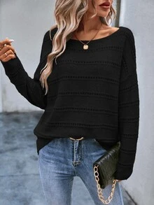 EMERY ROSE Solid Color Pullover Sweater, Long Sleeve, Minimalist Fashion, Casual For Everyday Wear Knit Pullover Fall Winter Sweater - Black - View 6