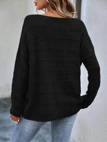 EMERY ROSE Solid Color Pullover Sweater, Long Sleeve, Minimalist Fashion, Casual For Everyday Wear Knit Pullover Fall Winter Sweater - Black - View 2