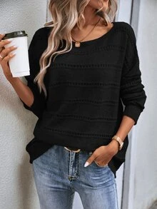 EMERY ROSE Solid Color Pullover Sweater, Long Sleeve, Minimalist Fashion, Casual For Everyday Wear Knit Pullover Fall Winter Sweater - Black - View 4