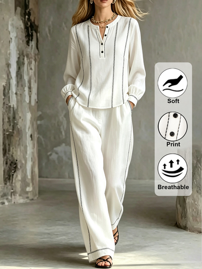 Linhara CURVE Conjunto de 2 piezas para mujer: camisa de manga larga con cuello redondo y botones + pantalones de pierna ancha, estilo casual elegante para primavera/otoño, vacaciones de otoño, rayas azul y blanco