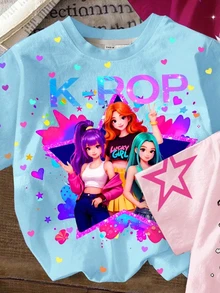 Young Girl Casual Minimalist Cartoon Girl Portrait Print Gradient Color Short Sleeve T-Shirt, Suitable For Spring/Summer, 3pcs/Set - Multicolor - View 3