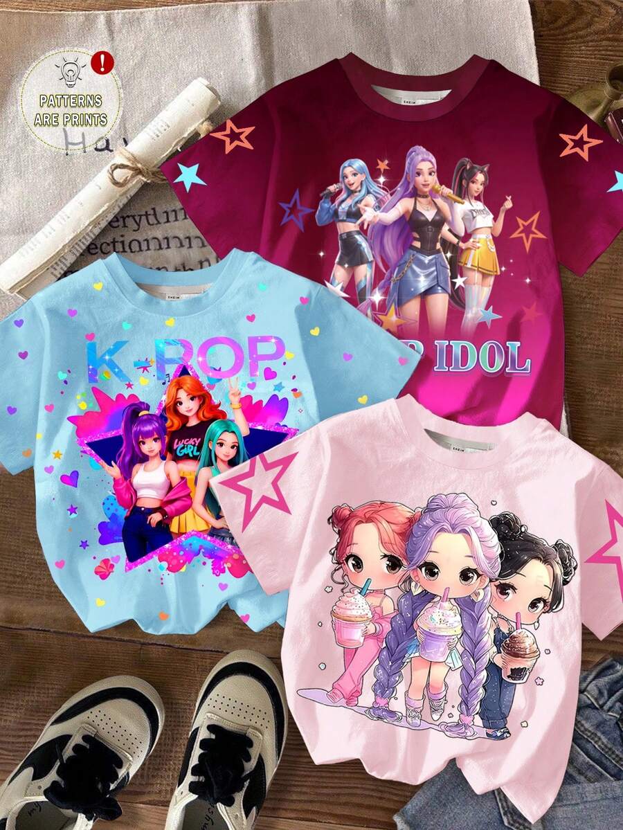 Young Girl Casual Minimalist Cartoon Girl Portrait Print Gradient Color Short Sleeve T-Shirt, Suitable For Spring/Summer, 3pcs/Set - Multicolor - View 1