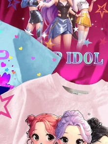 Young Girl Casual Minimalist Cartoon Girl Portrait Print Gradient Color Short Sleeve T-Shirt, Suitable For Spring/Summer, 3pcs/Set - Multicolor - View 5