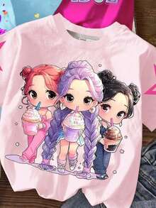 Young Girl Casual Minimalist Cartoon Girl Portrait Print Gradient Color Short Sleeve T-Shirt, Suitable For Spring/Summer, 3pcs/Set - Multicolor - View 4