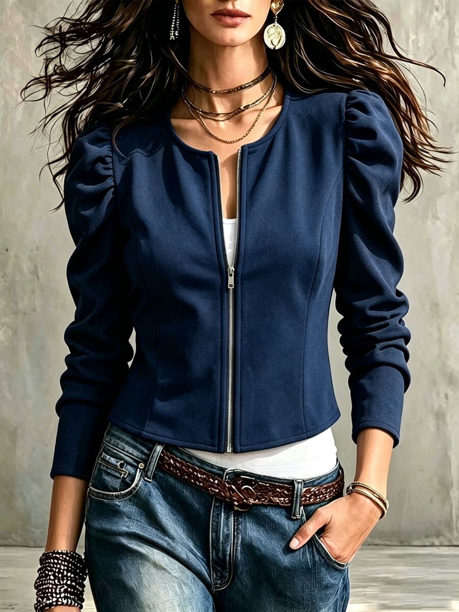 SHEIN Holidaya Solid Color Petal Sleeve Casual Jacket For Vacation - Navy Blue - View 1