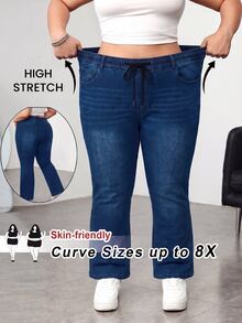 SHEIN CURVE+ Women's Plus Size Denim Jeans 22W, Autumn/Winter Thermal Lined Stretch Waist Jeans - Blue - View 3