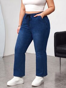 SHEIN CURVE+ Women's Plus Size Denim Jeans 22W, Autumn/Winter Thermal Lined Stretch Waist Jeans - Blue - View 4
