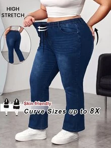 SHEIN CURVE+ Women's Plus Size Denim Jeans 22W, Autumn/Winter Thermal Lined Stretch Waist Jeans - Blue - View 1