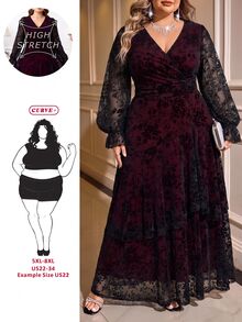 SHEIN CURVE+ 女款大尺碼洋裝 22W，秋冬大尺碼女裝，荷葉波浪下擺、高彈力收腰、遮肉修身長洋裝 - 黑色 - 查看 1