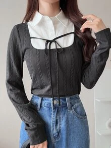 FRIFUL Women's Patchwork Shirt Collar 2 In 1 Long Sleeve Casual T-Shirt Fall - Grey - View 4