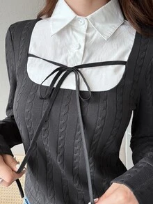 FRIFUL Women's Patchwork Shirt Collar 2 In 1 Long Sleeve Casual T-Shirt Fall - Grey - View 1
