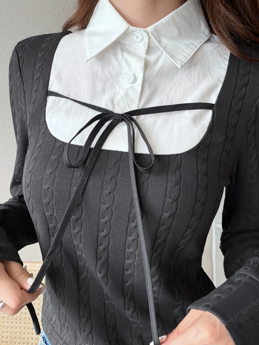 FRIFUL Women's Patchwork Shirt Collar 2 In 1 Long Sleeve Casual T-Shirt Fall - Grey - View 1