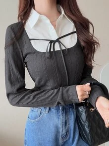 FRIFUL Women's Patchwork Shirt Collar 2 In 1 Long Sleeve Casual T-Shirt Fall - Grey - View 7