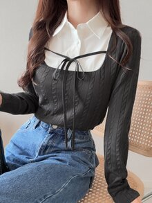 FRIFUL Women's Patchwork Shirt Collar 2 In 1 Long Sleeve Casual T-Shirt Fall - Grey - View 6
