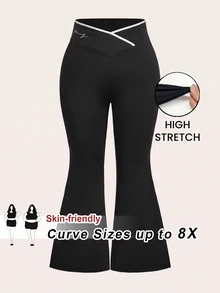 SHEIN CURVE+ Plus Size Minimalist English Letter Print High Waist Criss-Cross Design Flared Leg Long Tight Leggings For Women, Suitable For Party, Suitable For Spring And Autumn - Black - View 1