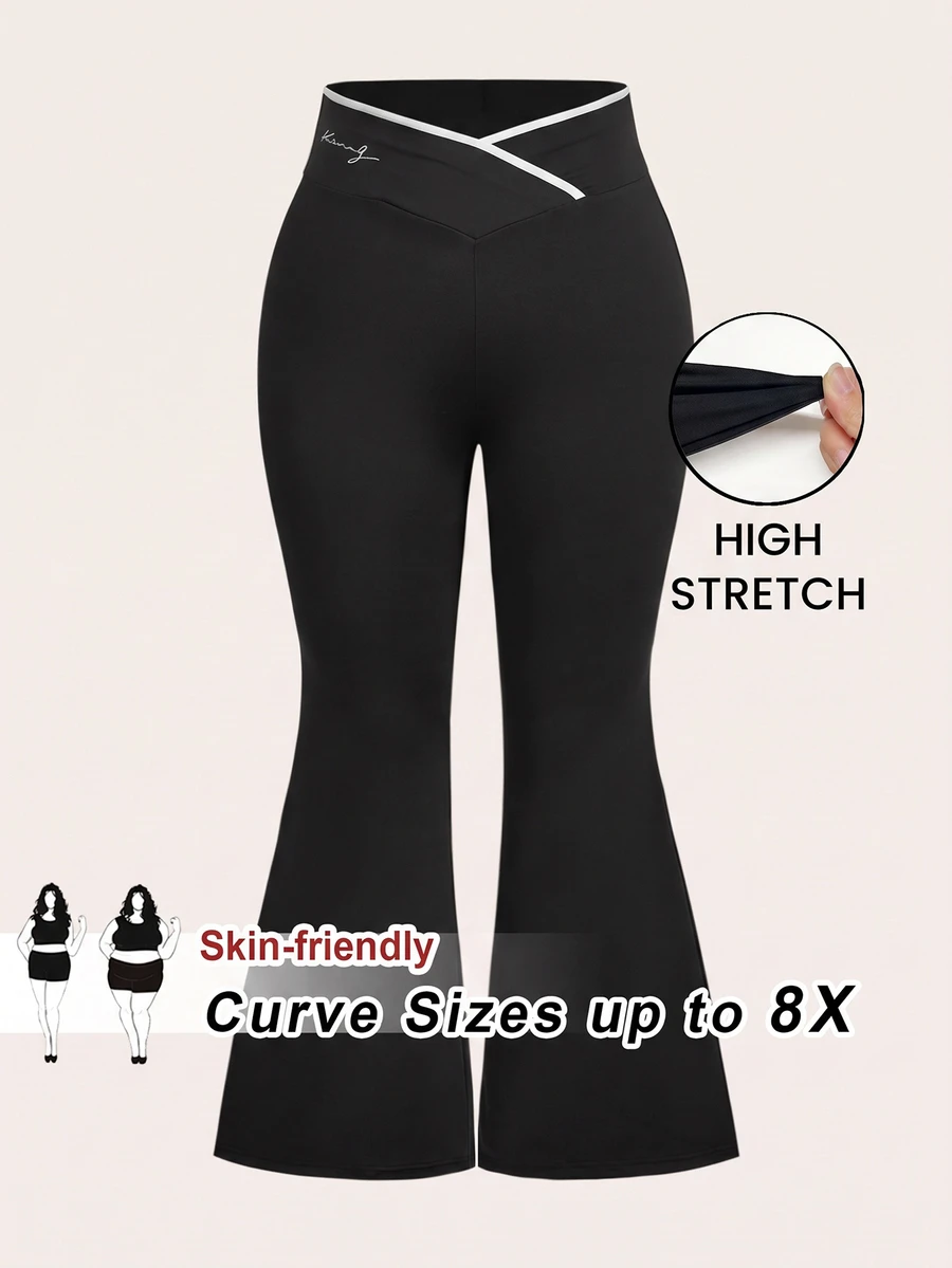SHEIN CURVE+ Plus Size Minimalist English Letter Print High Waist Criss-Cross Design Flared Leg Long Tight Leggings For Women, Suitable For Party, Suitable For Spring And Autumn - Black - View 1