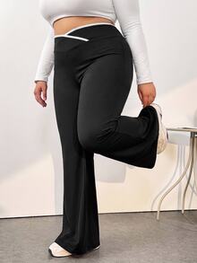 SHEIN CURVE+ Plus Size Minimalist English Letter Print High Waist Criss-Cross Design Flared Leg Long Tight Leggings For Women, Suitable For Party, Suitable For Spring And Autumn - Black - View 5