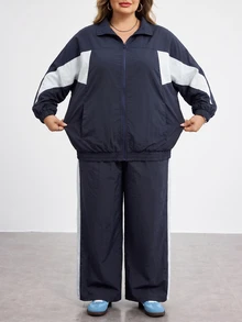 SHEIN CURVE+ Women Plus Size 2 Pieces Set 22W, Jacket + Pants Casual Autumn Winter Outfit - Multicolor - View 3