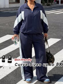 SHEIN CURVE+ Women Plus Size 2 Pieces Set 22W, Jacket + Pants Casual Autumn Winter Outfit - Multicolor - View 1