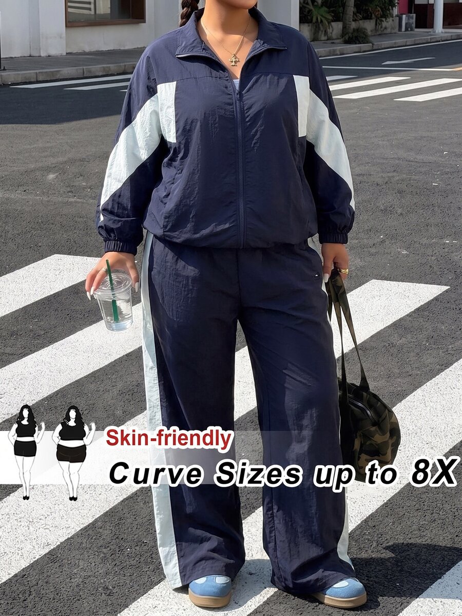 SHEIN CURVE+ Women Plus Size 2 Pieces Set 22W, Jacket + Pants Casual Autumn Winter Outfit - Multicolor - View 1