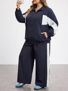 SHEIN CURVE+ Women Plus Size 2 Pieces Set 22W, Jacket + Pants Casual Autumn Winter Outfit - Multicolor - View 4