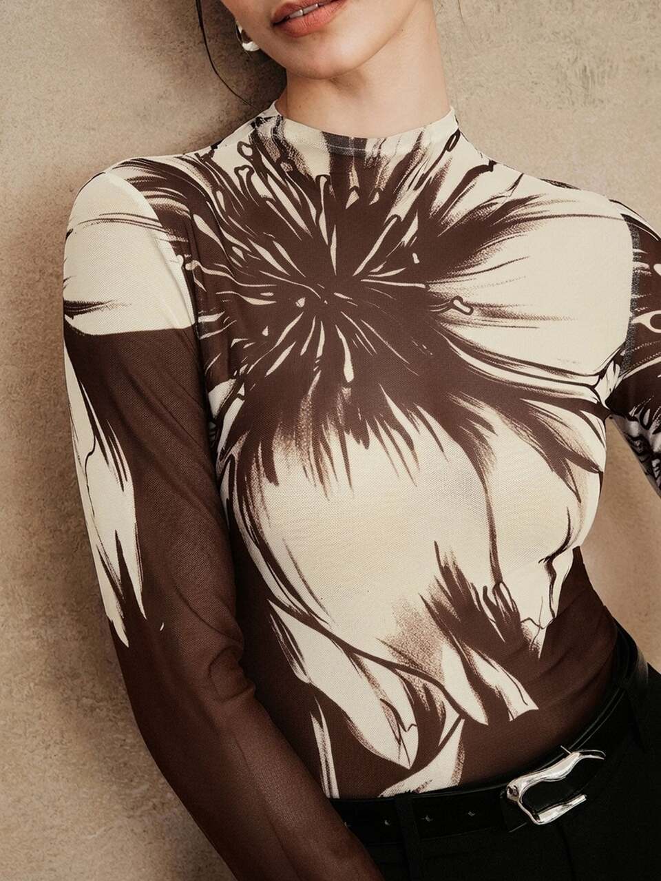 Anewsta Elegant High Neck Fitted Coffee Brown T-Shirt, Women Long Sleeve Vintage Printed Mesh Undershirt Top