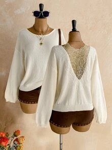 Soleia Solid Drop Shoulder Sweater Brunch Everyday Off-White Autumn Casual,Autumn,Daily Commute,Date Brunch,Casual - Apricot - View 1