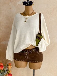 Soleia Solid Drop Shoulder Sweater Brunch Everyday Off-White Autumn Casual,Autumn,Daily Commute,Date Brunch,Casual - Apricot - View 9
