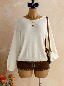 Soleia Solid Drop Shoulder Sweater Brunch Everyday Off-White Autumn Casual,Autumn,Daily Commute,Date Brunch,Casual - Apricot - View 8
