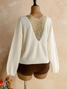 Soleia Solid Drop Shoulder Sweater Brunch Everyday Off-White Autumn Casual,Autumn,Daily Commute,Date Brunch,Casual - Apricot - View 2