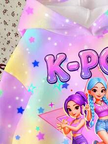 女童 K-POP 偶像卡通彩虹印花連帽衛衣，秋季休閒寬鬆抓絨套頭衫 - 白色 - 查看 4