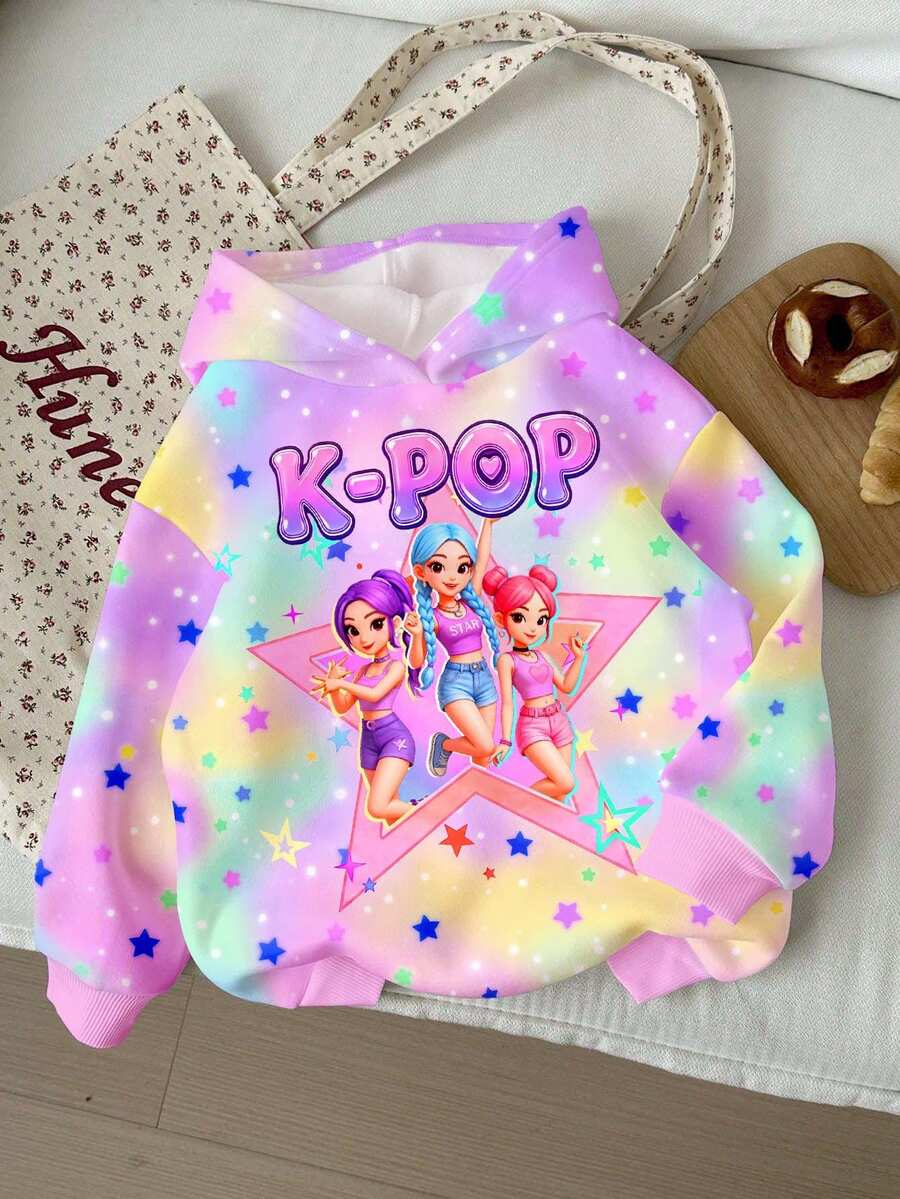 女童 K-POP 偶像卡通彩虹印花連帽衛衣,秋季休閒寬鬆抓絨套頭衫 - 白色 - 查看 1