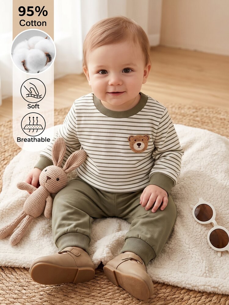 SHEIN Baby Boy Spring/Autumn Military Green Striped Cute Bear Pattern Long Sleeve Top With Light Gray-Green Long Pants, Comfortable And Simple Style Suitable For Indoor And Outdoor Wear - Army Green - View 1
