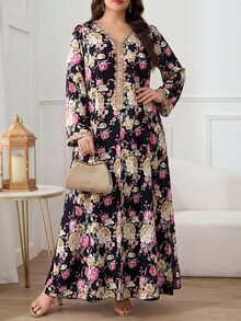 SHEIN CURVE+ Plus Size 22W Elegant Boho Floral Print Loose Arabic Style Dress Vacation Black Autumn Fall Dinner - Multicolor - View 5