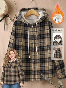 Rusticease Plus Size Women's Plaid Long Sleeve Single-Breasted Thermal Lined Hooded Jacket Winter Hiking Club Teacher Black Smart Casual Business Casual Western - Multicolor - View 2