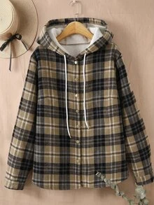 Rusticease Plus Size Women's Plaid Long Sleeve Single-Breasted Thermal Lined Hooded Jacket Winter Hiking Club Teacher Black Smart Casual Business Casual Western - Multicolor - View 4