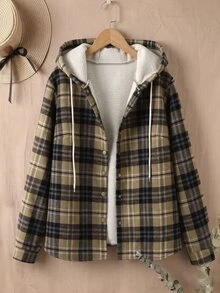 Rusticease Plus Size Women's Plaid Long Sleeve Single-Breasted Thermal Lined Hooded Jacket Winter Hiking Club Teacher Black Smart Casual Business Casual Western - Multicolor - View 3
