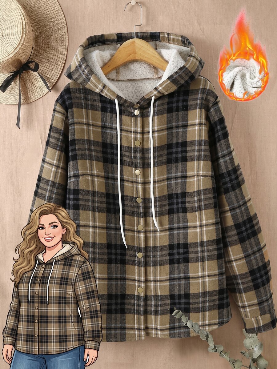 Rusticease Plus Size Women's Plaid Long Sleeve Single-Breasted Thermal Lined Hooded Jacket Winter Hiking Club Teacher Black Smart Casual Business Casual Western - Multicolor - View 1