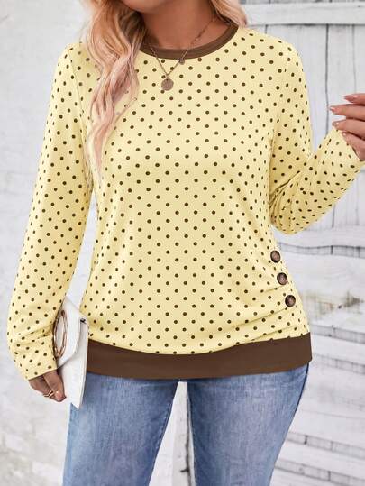 SHEIN LUNE New Plus Size Women's Fashion Casual Versatile Round Neck Polka Dot Decor Long Sleeve T-Shirt