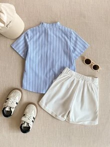 PrepCrw 2pcs/Set Boys' Striped Collared Short Sleeve Shirt And Shorts Set, Preppy Style - Multicolor - View 2